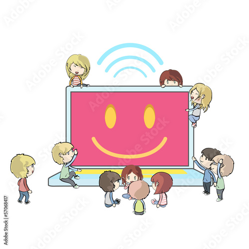 Vector: Kids around modern laptop over white background. Vector design Kids around modern laptop over white background. Vector design