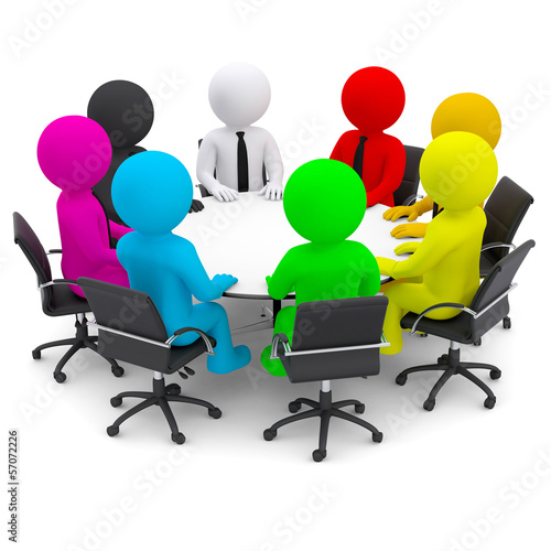 Multicolored people sitting at a round table