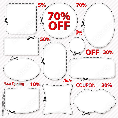 Vector: Vector Set: Blank Sale Coupons, labels. Cut off, scissors Vector Set: Blank Sale Coupons, labels. Cut off, scissors