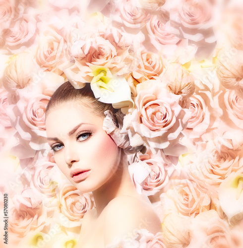 Photo: Fashion Beauty Model Girl with Flowers Hair. Bride Fashion Beauty Model Girl with Flowers Hair. Bride