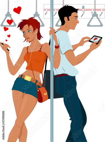 Vector: Young couple sexting on a subway Young couple sexting on a subway