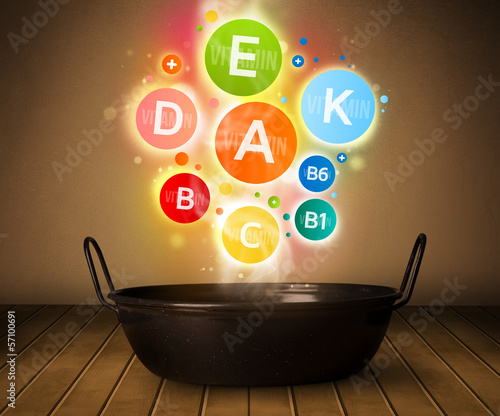 Photo: Colorful vitamins coming out from cooking pot Colorful vitamins coming out from cooking pot