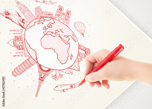 Photo: Hand drawing vacation trip around the earth with landmarks and c Hand drawing vacation trip around the earth with landmarks and c