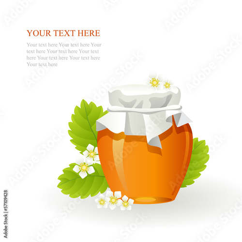 Vector: Honey in glass jar and flowers on white background Honey in glass jar and flowers on white background