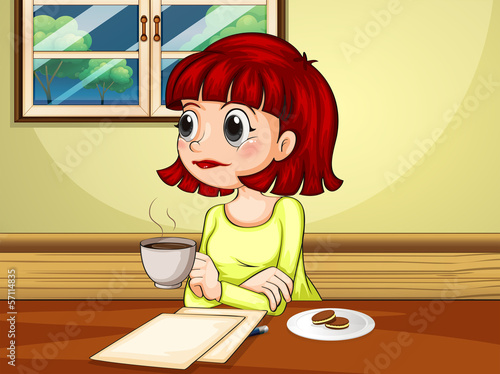 Vector: A woman inside the house sitting at the table with a cup of hot A woman inside the house sitting at the table with a cup of hot