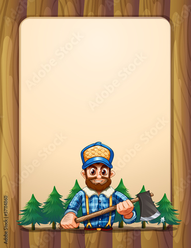 Vector: An empty wooden frame border with a lumberjack in front of the p An empty wooden frame border with a lumberjack in front of the p