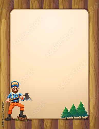 Vector: An empty wooden frame with a lumberjack holding an axe across th An empty wooden frame with a lumberjack holding an axe across th