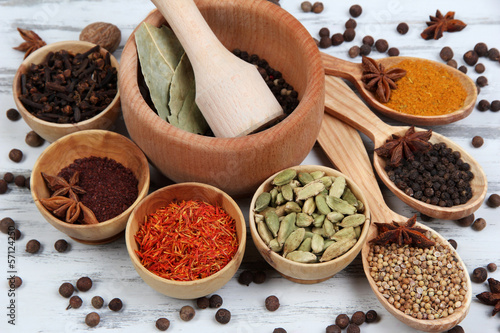Photo: Various spices and herbs on table close up Various spices and herbs on table close up