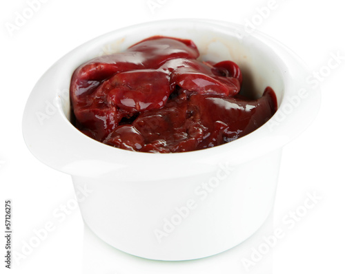 Photo: Raw liver in bowl isolated on white Raw liver in bowl isolated on white