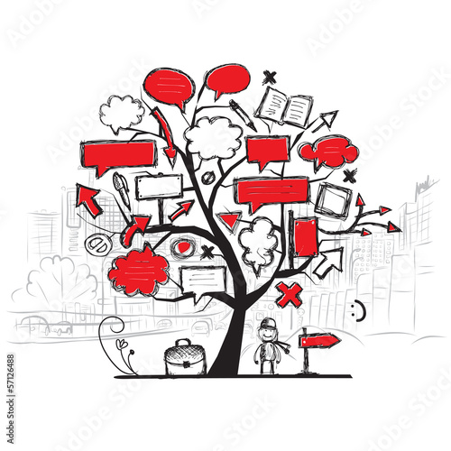 Vector: Sketch of tree with arrows and frames, cityscape background Sketch of tree with arrows and frames, cityscape background