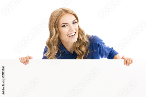 Photo: Businesswoman showing blank signboard, isolated Businesswoman showing blank signboard, isolated