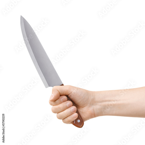 Photo: Hand holding a knife on a white background Hand holding a knife on a white background