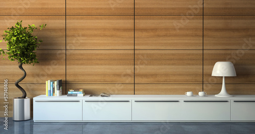 Illustration: Part of modern interior with wood wall Part of modern interior with wood wall