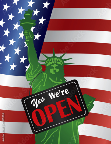 Vector: Government Shutdown We Are Open Sign with US Flag Government Shutdown We Are Open Sign with US Flag