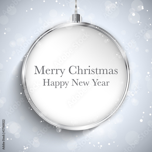 Vector: Merry Christmas Happy New Year Ball Silver with Stars and Snowfl Merry Christmas Happy New Year Ball Silver with Stars and Snowfl