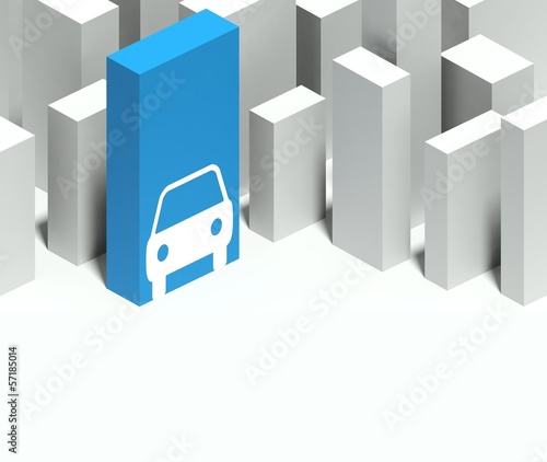 Illustration: 3d car symbol in conceptual model of city 3d car symbol in conceptual model of city
