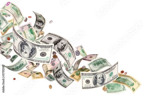 Photo: Heap of falling american dollars isolated on white Heap of falling american dollars isolated on white