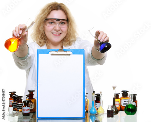 Photo: chemist woman with glassware flask clipboard isolated chemist woman with glassware flask clipboard isolated