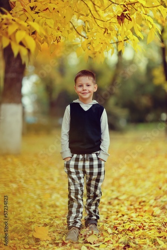Photo: handsome boy walks in the beautiful autumn forest among the tree handsome boy walks in the beautiful autumn forest among the tree