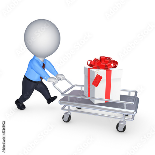 Illustration: 3d small person with giftbox on pushcart. 3d small person with giftbox on pushcart.
