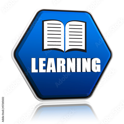Illustration: learning and book sign in blue hexagon banner learning and book sign in blue hexagon banner
