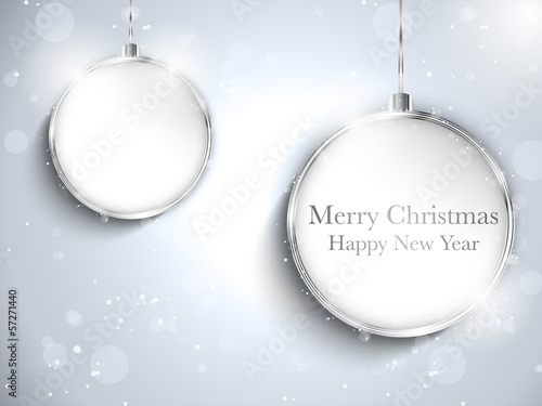 Vector: Merry Christmas Happy New Year Ball Silver with Stars and Snowfl Merry Christmas Happy New Year Ball Silver with Stars and Snowfl