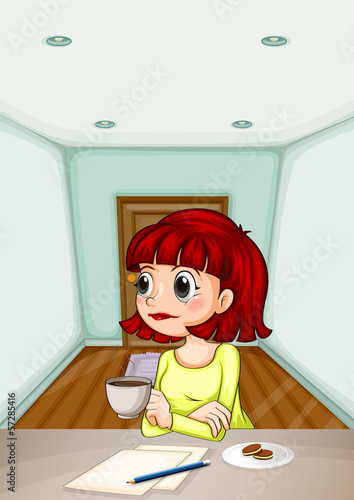 Vector: A woman inside the room drinking her coffee while making a repor A woman inside the room drinking her coffee while making a repor
