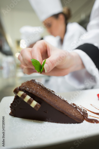 Photo: Close up of chef putting mint leaf on chocolate dessert Close up of chef putting mint leaf on chocolate dessert