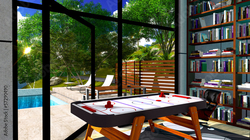 Illustration: Modern living room with a view on lake Modern living room with a view on lake