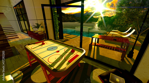 Illustration: Modern living room with a view on lake Modern living room with a view on lake