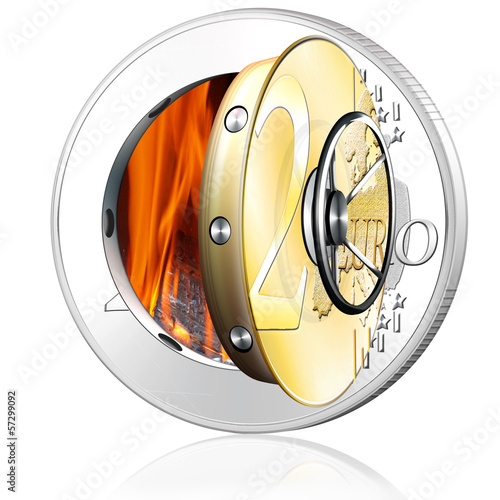 Illustration: Euro Münze -Tresor mit Feuer Euro Münze -Tresor mit Feuer