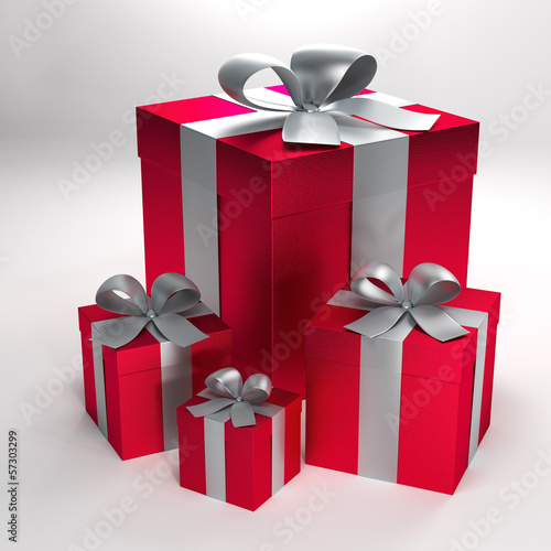 Illustration: four red gift boxes with silver ribbons and bows with path four red gift boxes with silver ribbons and bows with path