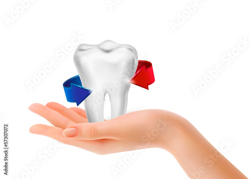 Vector: White tooth surrounded by beams. Taking care of teeth concept. V White tooth surrounded by beams. Taking care of teeth concept. V