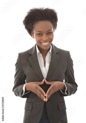 Photo: Junge afrikanische Business Frau isoliert und lachend Junge afrikanische Business Frau isoliert und lachend