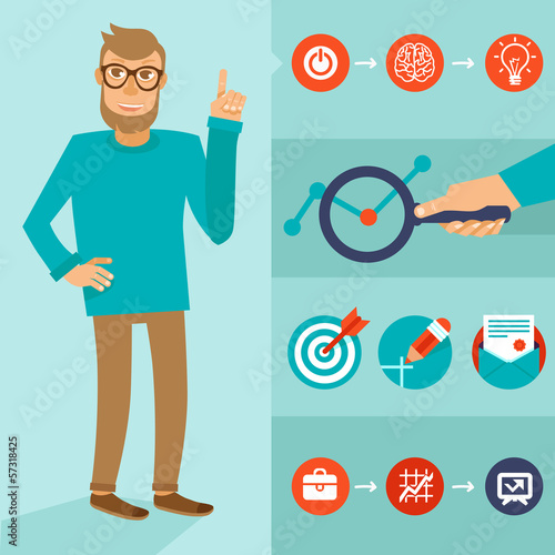 Vector: Vector character in flat style - man with idea Vector character in flat style - man with idea