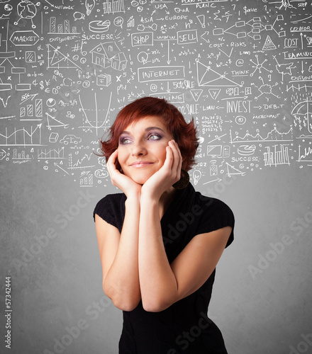 Photo: Young pretty lady with hand drawn calculations and icons Young pretty lady with hand drawn calculations and icons