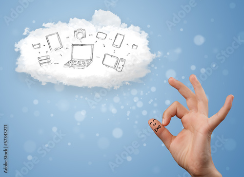 Photo: Happy smiley fingers looking at cloud computing with technology Happy smiley fingers looking at cloud computing with technology