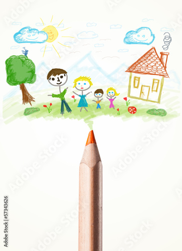 Photo: Pencil close-up with a drawing of a family Pencil close-up with a drawing of a family