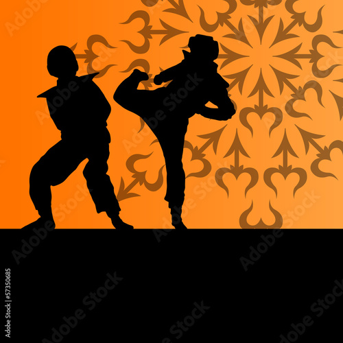 Vector: Active tae kwon do martial arts fighters combat fighting and kic Active tae kwon do martial arts fighters combat fighting and kic