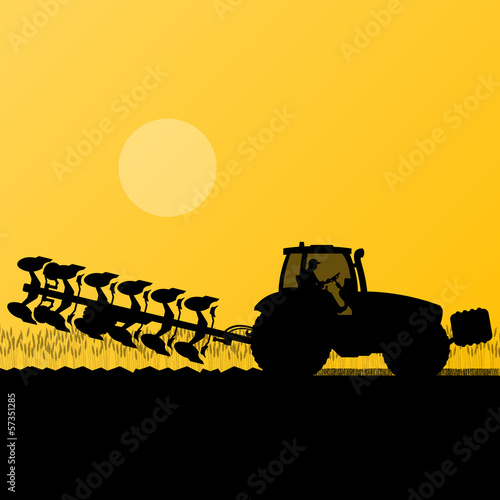 Vector: Agriculture tractor plowing the land in cultivated country grain Agriculture tractor plowing the land in cultivated country grain