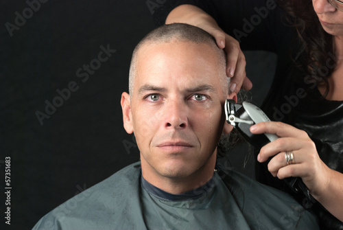 Photo: Mourning Man Gets Head Shaved For Fundraiser, Looks To Camera Mourning Man Gets Head Shaved For Fundraiser, Looks To Camera