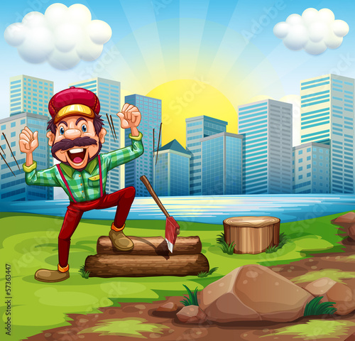 Vector: A man chopping the woods at the riverbank across the buildings A man chopping the woods at the riverbank across the buildings