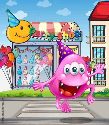 Vector: A happy beanie monster jumping in front of the party shop A happy beanie monster jumping in front of the party shop