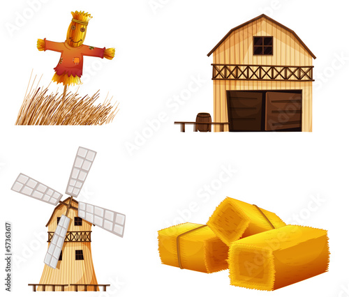 Vector: Barn houses, hays and a scarecrow Barn houses, hays and a scarecrow