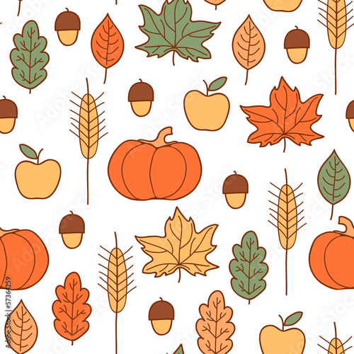 Vector: Seamless pattern with pumpkins, leaves, wheat and apples. Seamless pattern with pumpkins, leaves, wheat and apples.