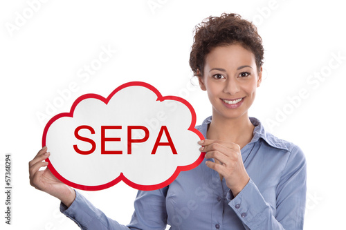 Photo: Frau lachend isoliert mit Schild in der Hand - Sepa Überweisung Frau lachend isoliert mit Schild in der Hand - Sepa Überweisung