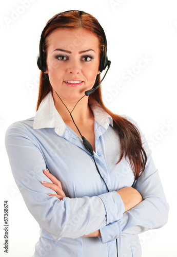 Photo: Call center operator isolated on white. Customer support Call center operator isolated on white. Customer support