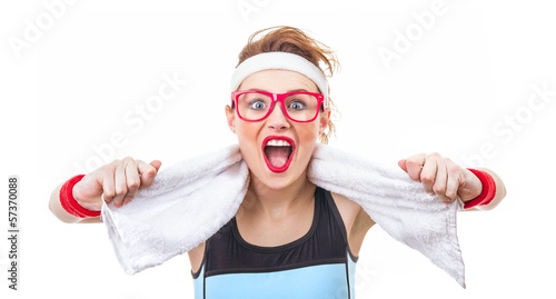 Photo: Surprised funny fitness woman ready for gym Surprised funny fitness woman ready for gym