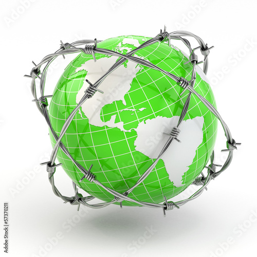 Illustration: Earth and barbed wire. Conceptual image. Earth and barbed wire. Conceptual image.