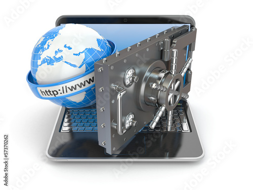 Illustration: Internet security. Laptop and opening safe deposit box's door. Internet security. Laptop and opening safe deposit box's door.